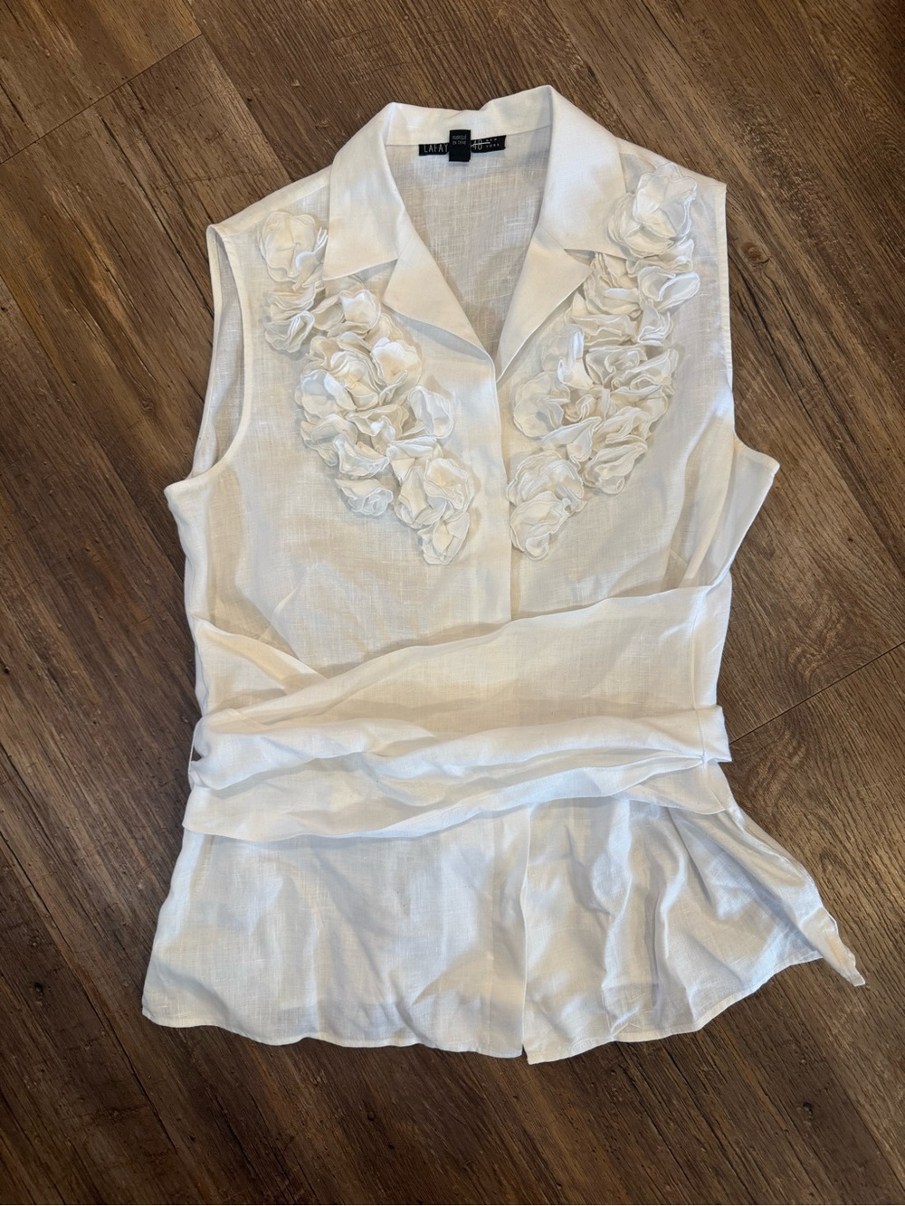 Lafayette 148 White Floral Appliqué Sleeveless Linen Button-Up Shirt Sz 12